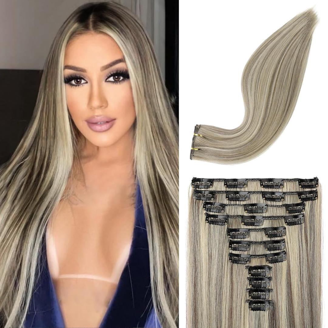 REECHO Hair Extensions, 11PCS Clip in Hair Extensions 24" Long Straight hair extensions HE005 Natural Soft Synthetic Hairpieces for Women  Ash Brown with Platinum Blonde Highlights