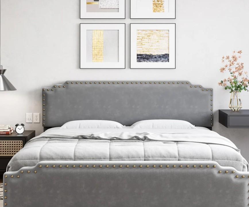 Garvee King Size Bed Frame, Velvet Upholstered Platform Bed Frame with Rivet Decor Headboard, Strong Wood Slat Support, No Box Spring Needed, Grey (King)