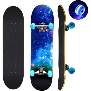 Skateboards with Colorful Flashing Wheels for Beginners,Kids,Teens,Adults, Complete Standard Skate Boards 7 Layer Maple Deck Concave Skateboard
