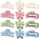 Large Hair Claw Clips 12 Pack, Flower Hair Clips for Thin Hair, Big Square Matte Strong hold for Thick Hair, 3 Styles Hair Clips for Women Thick Hair 4 Colors (Blue, Pink, Khaki, Green)
