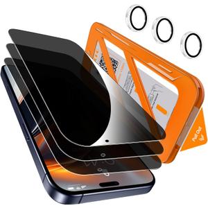 [1-Second Auto-Install] QHOHQ 3 Pack Privacy Screen Protector for iPhone 17 Pro [6.3 Inch] + 1 Set Camera Lens Protector, 25 Anti Spy Tempered Glass, [12FT Military Grade Shatterproof], Case Friendly