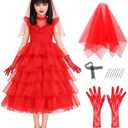 IBQ Kids Red Wedding Dress Girls Halloween Costuems Toddler Horror Comedy Character Bride Cosplay Outfit with Veil Gloves Size 160