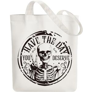 ANATTASOUL Halloween Canvas Tote Bag Black Skull Circle Reusable Cotton Bag for Women, Durable Cloth Shoulder Bags with Zipper Pockets for Shopping, Vacation, Work, Gym