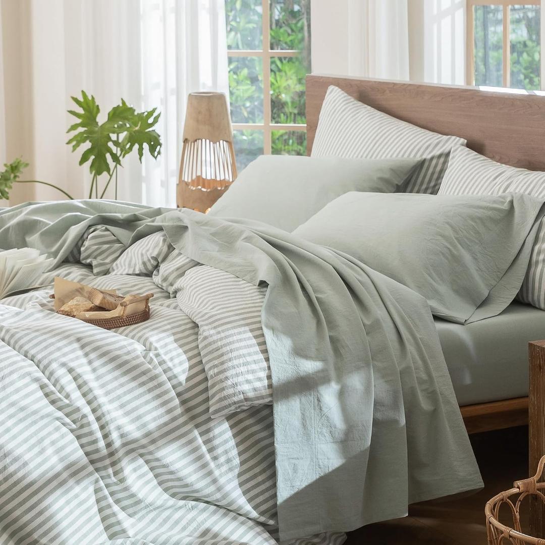 MooMee Bedding Sheet Set 100% Washed Cotton Linen Like Textured Breathable Durable Soft Comfy (Heathered Sage Green, Full)