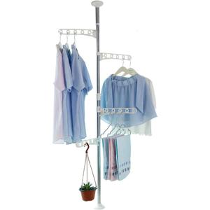 BAOYOUNI 4-Tier Standing Clothes Garment Drying Rack Laundry Coat Storage Rod Organizer Balcony Windowsill Adjustable Metal Corner Plant Hanger Tension Pole Rail Space Saving, Ivory