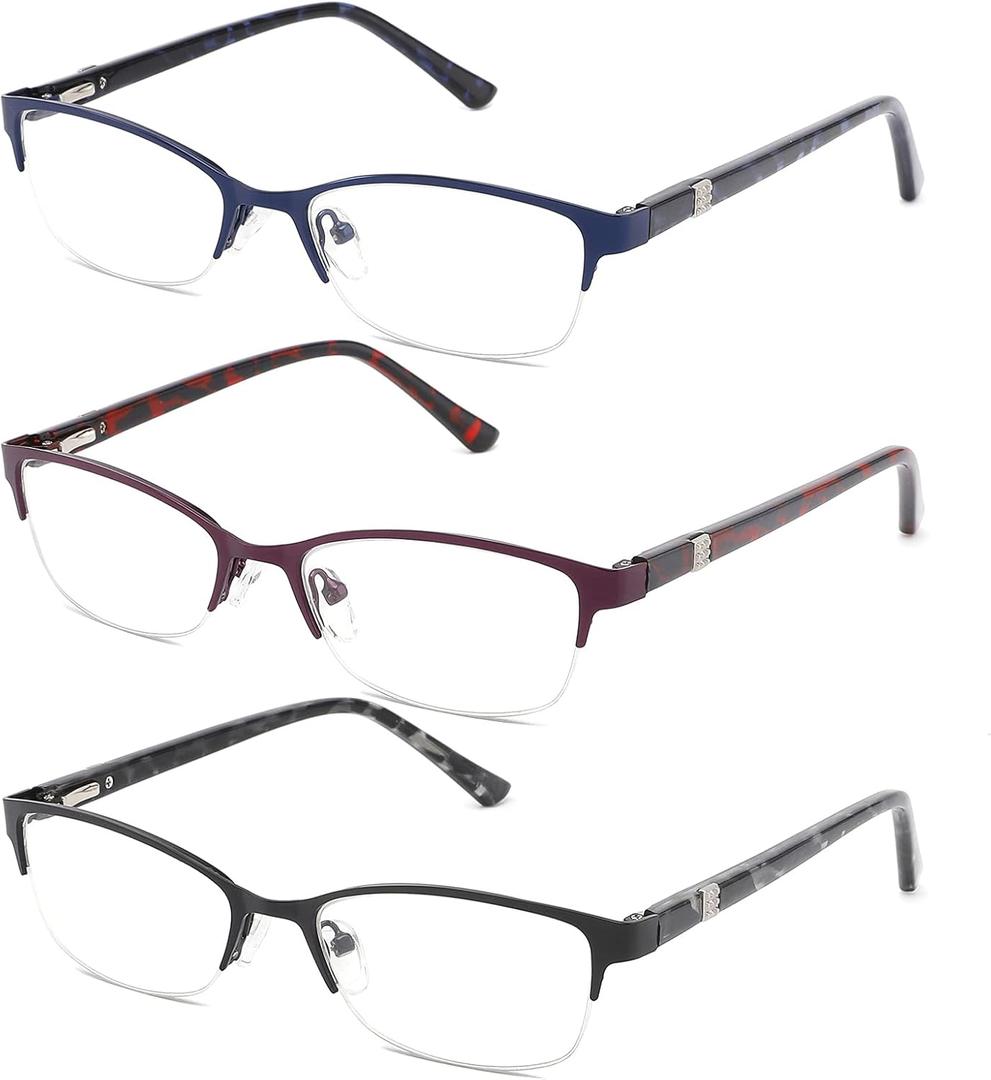 CRGATV 3-Pack Reading Glasses for Women Blue Light Blocking Metal Half Frame Computer Readers Anti UV/Eye Strain/Glare (Black Blue Red)