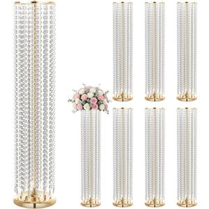 8Pcs 35.4'' Tall Gold Centerpieces for Table, Tall Gold Vases Centerpieces for Wedding Reception, Wedding Road Lead Chandelier Metal Crystal Flower Stand Floor Vase for Party