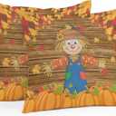 Thanksgiving Scare Crow Outdoor Waterproof Pillow Covers 16x16 Pack of 2 Vintage Pumpkin Leaf Wood Texture Decorative Outdoor Pillow Covers Square Cushion Cases for Patio Furniture Pergola Couch (Yellow Orange)