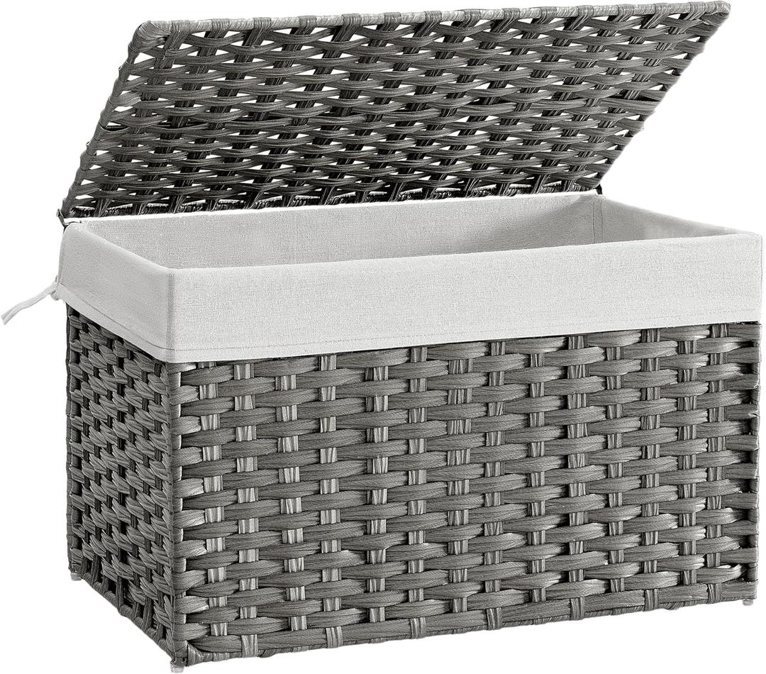 SONGMICS Storage Basket with Lid, Woven Blanket Storage Bin with Handles, Foldable, Removable Liner, Metal Frame, for Bedroom, Laundry Room, 27.7 Gallons (105 L), Gray URST066G01