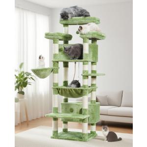 Cat Tree for Indoor Cats Large Adult, 74" Cat Tower with 3 Big Platforms, 2 Baskets, 2 Condos, Multi-Level Cat Scratching Posts, Green GCT030GR