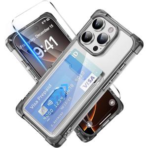 for iPhone 16 Pro Max Wallet Clear Case with Card Holder + 1 Screen Protector, Heavy Duty Protection Shockproof Anti-Yellow Protective Cover for iPhone 16 Pro Max 6.9 (Black)