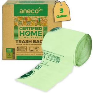 ANECO 100% Compostable Food Waste Bags 3 Gallon, 100 Count, Extra Thick Compost Bags for Countertop Bin, Small Compost Bag, Food Waste Bags with TUV OK Compost Home and BPI certified