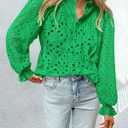 PRETTYGARDEN Women's Dressy Casual Blouse Tops Fall Spring Puff Long Sleeve Button V Neck Hollow Out Lace Embroidered Shirts (Green, S)