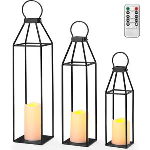 Perfnique Set of 3 Black Metal Lanterns w/ Waterproof Flickering Flameless Candle & Remote Timer, Modern Farmhouse Lanterns Decorative for Outdoor, Front Porch, Indoor, Patio, Garden, Fireplace