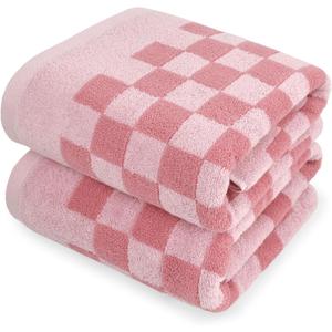 Jacquotha Soft Bath Towels for Bathroom Beach Pool (Pink Checkered), Quick Dry Cotton Shower Towels Set of 2, Cute Funny for Her Women Girls, 27.5x55 Inches