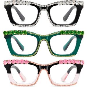 Hubeye Square Reading Glasses for Women Men Blue Light Blocking Computer Fashion Style Readers with Spring Hinge (Black+green+pink)