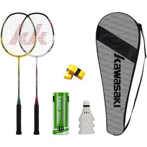 Kawasaki Badminton Set Professional Graphite Badminton Racket Lightweight & high Performance for Sports, Training and Entertainment Including 3 Badminton shuttlecocks & 2 overgrips & Carrying Bag (Mix)