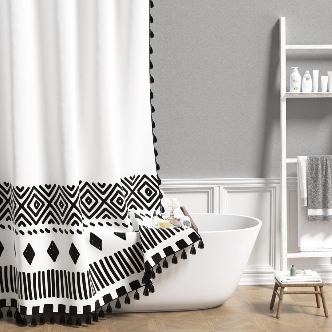 AOFOTO Bohemian Shower Curtain Tassel Boho Black and White Striped Geometric Pattern Shower Curtains for Bathroom Waterproof Bath Curtain Sets with Hooks Bathroom Home Decor 72x72 Inches