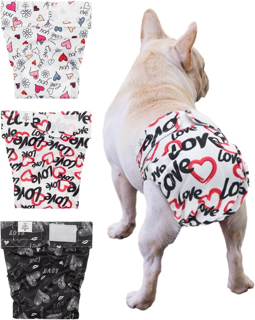 CuteBone Washable Dog Diapers Female No Tail Hole 3 Pack Reusable Doggie Period Training Pants for Docked-Tail Frenchie French Bulldog Boston Terrier Without Tail WWD03L