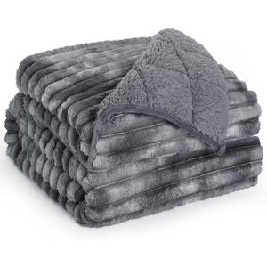 Sherpa Fleece Weighted Blanket with 3D Ribbed Stripes, 15 lbs Soft Flannel Heavy Throw Blanket for Couch Full Size Bed, Heavy Thick Blankets with Glass Beads, Great for Deep Sleep, 60" x 80"
