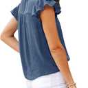 Women's V Neck Lace Crochet Shirts Button Down Short Sleeve Casual Blouse Tops (Blue, L)