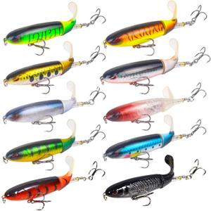 10Pcs Whopper Fishing Lure for Bass Popper Top Water Fishing Lures with Floating Rotating Tail Barb Treble Hooks in Saltwater Freshwater Plopping Lures Kit