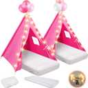 2 Pack Kids Teepee Tent with Mattress,Fitted Sheet,Light String,Washable Natural Cotton Toddler Play Tent for Girls Boys Indoor Outdoor Sleepover Slumber Birthday Party(Rose Red)