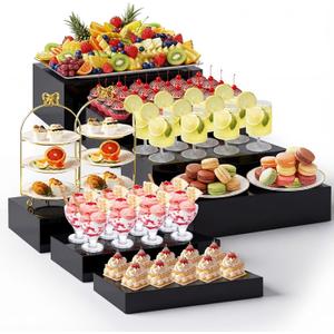 Leinuosen 7 Pcs Extra Large Buffet Risers Set 10" to 16" Rectangle Acrylic Display Box Catering Dessert Table Riser Food Display Decorative Stand with Hollow Bottom for Catering Supplies(Black)
