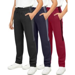 3 Pack Boys' Tricot Sweatpants Open Bottom Kids Teen Athletic Pants Pockets | Available in Sizes 5-16, Youth Activewear, Basketball, Track, Sports, Hiking, Jogging, Back to School, Workout, Gym (Black, L)
