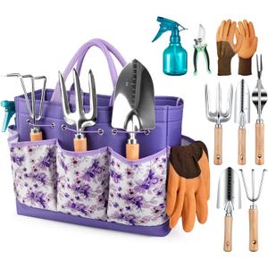 Gardening Tools 9-Piece Heavy Duty Garden Hand Tools with Fashion and Durable Garden Tools Organizer Handbag, Rust-Proof Garden Tool Set, Ideal Gardening Gifts for Women (Purple)
