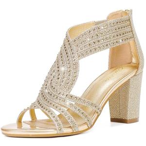 Gufobela Heels for Women Chunky Rhinestone Block Heeled Sandals Sparkly Open Toe Formal Dressy Shoes Wedding Prom Homecoming Hoco 1122 Gold 8