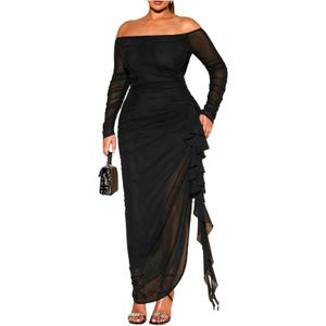 Floerns Women's Plus Size Off Shoulder Dress Mesh Long Sleeve Ruffle Trim Bodycon Maxi Dresses (Black), Large Plus
