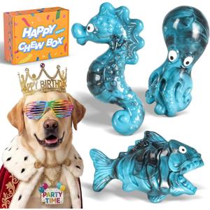Dog Toys for Aggressive Chewers: Gift Box with 3 Pack Indestructible Dog Toy, Bacon Flavored Big Tough Chew Bones for Medium Large Breed 25-90lbs to Keep Them Busy, Birthday Holiday Dog Gift (Sea-blue)