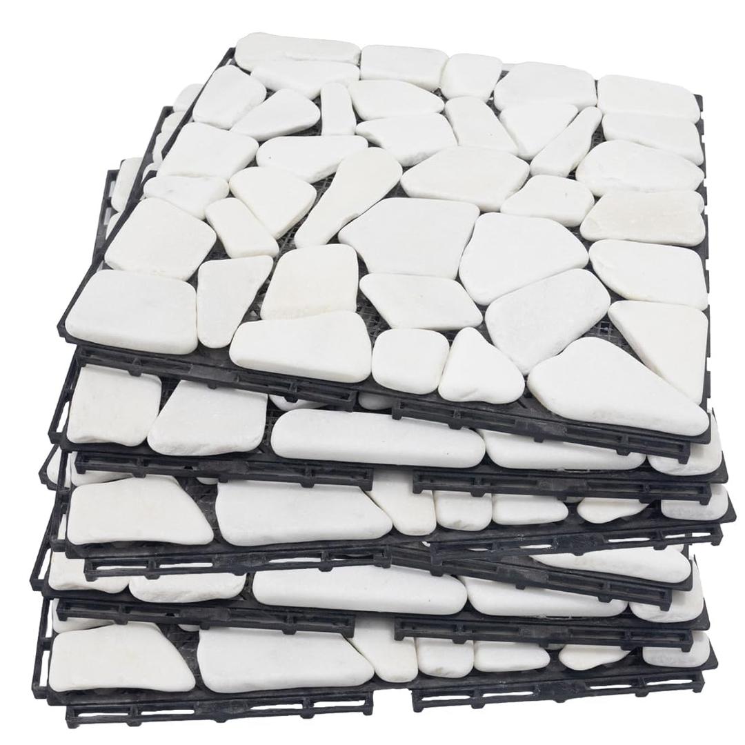 Decking Natural Pebble Interlocking Floor Patio Tiles, Indoor & Outdoor Interlocking Tiles 12"x12" 6pcs - A Great Upgrade Option for Garden Patio Path (white)