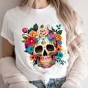 Sugar Skull Tshirt, Dia De Los Muertos T-Shirt, Day Of The Dead, Mexican Halloween  (Medium, White)