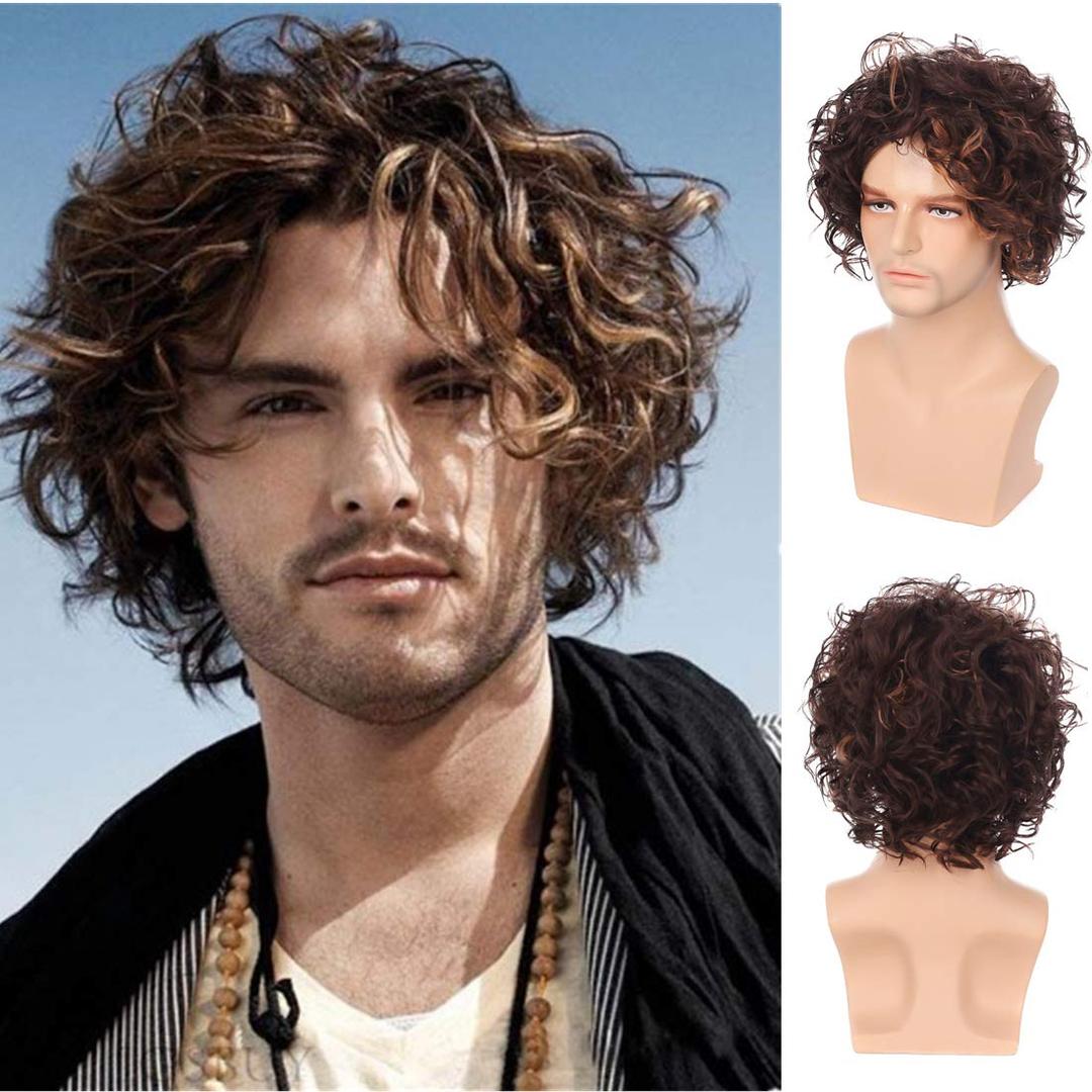 Swiking Mens Short Brown Curly Wig Fluffy with Bang Layered Halloween Costume Hair Party Cosplay Wigs for Male (Brown)