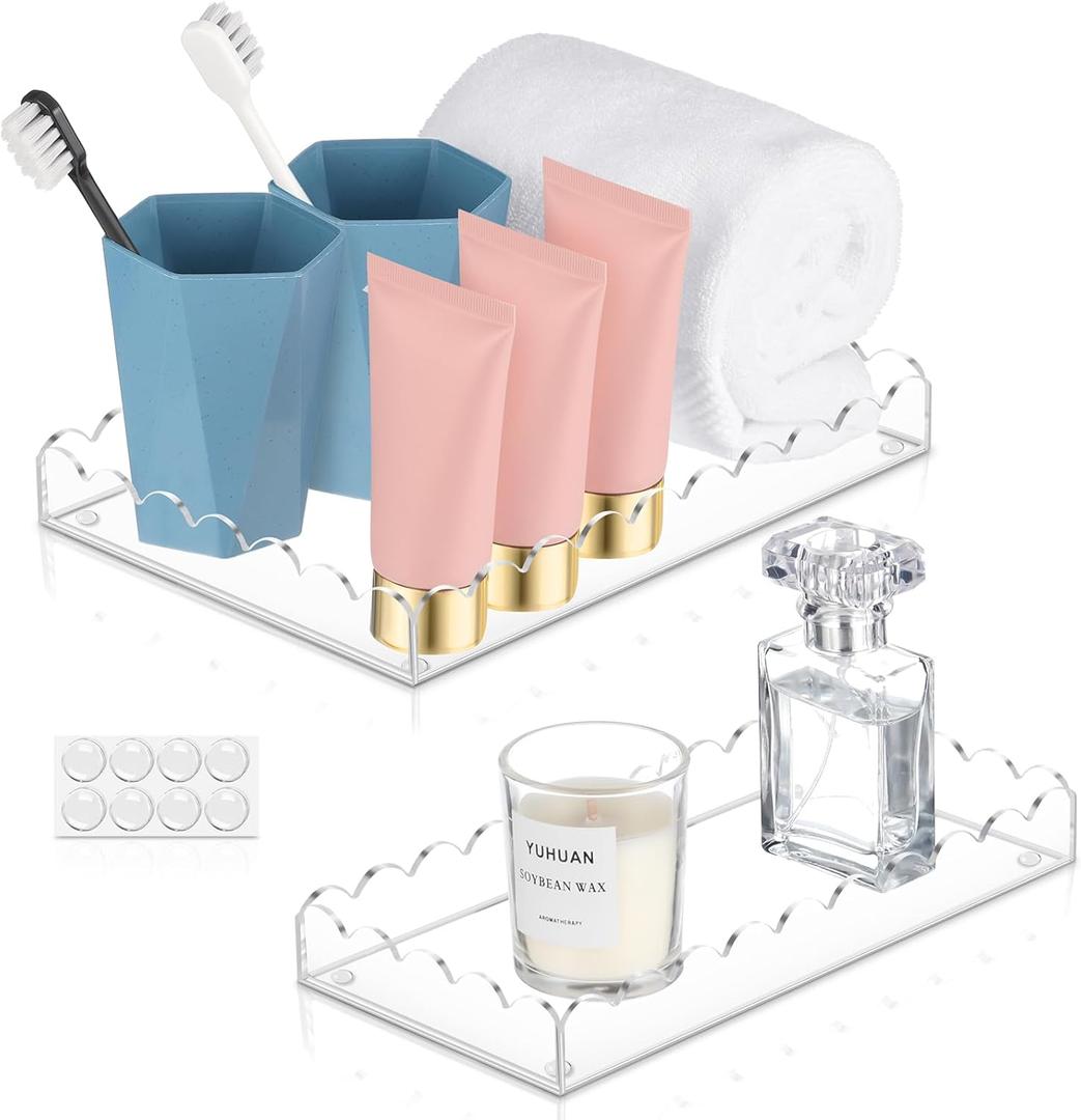 2 Pack Acrylic Bathroom Vanity Tray 7.9" and 9.6", Soap Dispenser Decorative Scalloped Tray for Bathroom Kitchen Living Room Decor Vanity Perfume (Clear- Small and Large)