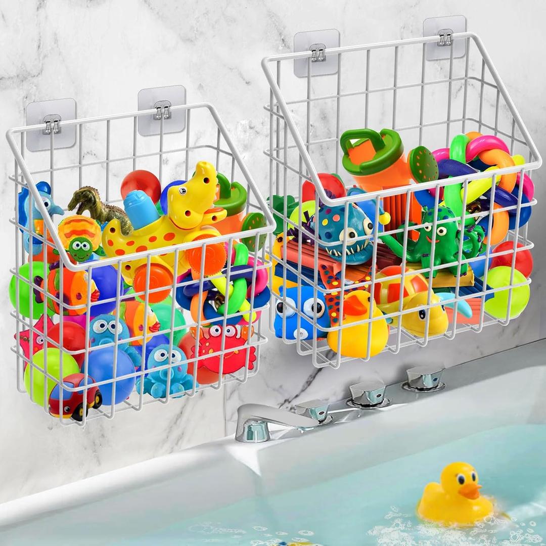 2 Pack Bath Toy Storage Organizer Basket, Large Metal Bathtub Toy Holder, Wall Mounted Hanging Shower Basket, Bath Toy Organizer For Bathtub for Easy Access and Sorting Toys/Clothes/Toiletries (White)