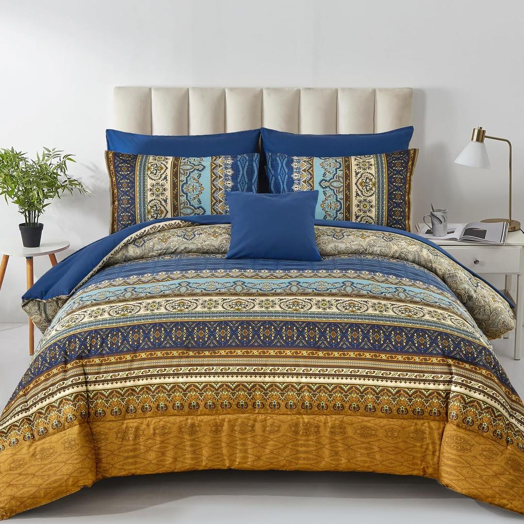 Cottolester Boho Comforter Set Full Size 8 Pieces,Brown Blue Bohemian Comforter Paisley Striped Bed in A Bag,Soft Microfiber Bedding Set for All Season