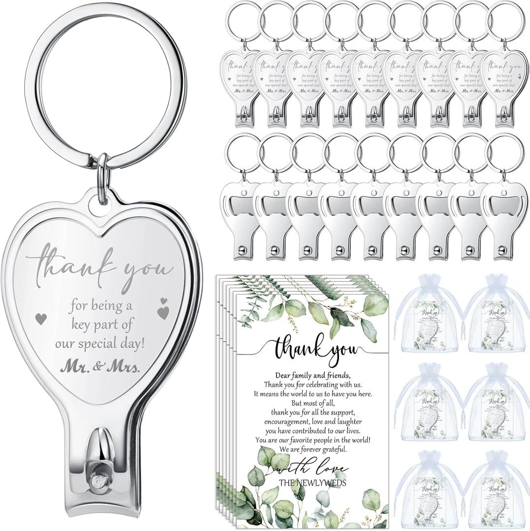 Pickmesh 50 Sets Wedding Souvenir for Guests Heart Multi Function Bottle Opener Nail Clipper with Thank You Cards White Organza Bags Wedding Party Supplies Bridal Shower Gift (Thank You)