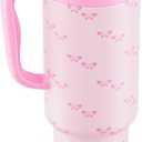 40 oz Insulated Tumbler with Handle and Push-Button Straw Lid, Stainless Steel Travel Cup for Gym Office Leakproof, BPA-Free, Cup Holder Friendly, Bow Silicone Boot, Pink (Coquette Bubblegum) (EXP 02/05/26)