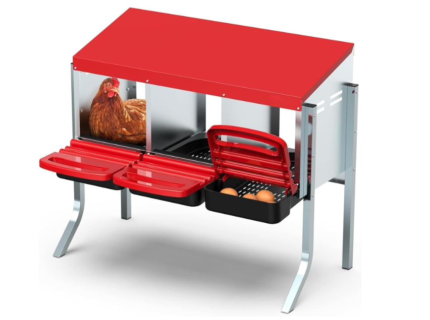 HOSTIC Red Chicken Nesting Box for Laying Egg with 3 Compartment and Metal Legs Chicken Egg Laying Box with Lid Cover, Red