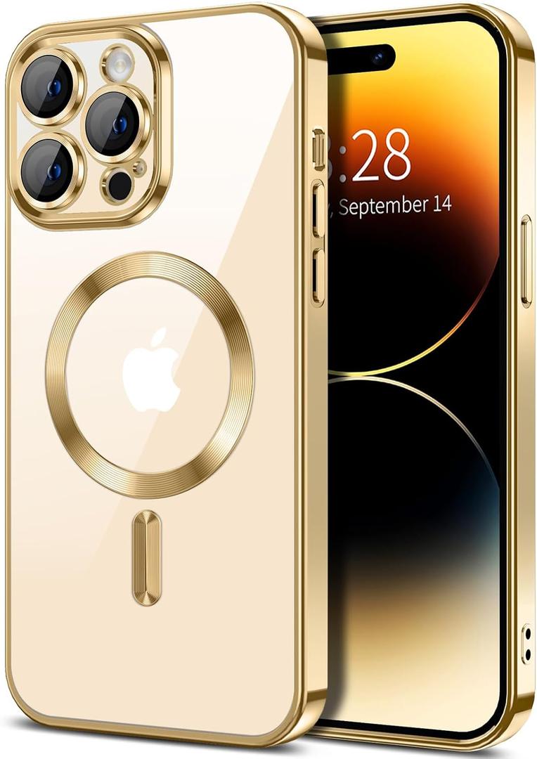 Hython Magnetic Clear for iPhone 14 Pro Case with Camera Lens Protector [Compatible with MagSafe] Luxury Plating Edge Slim Soft TPU Cover Protective Phone Case for iPhone 14 Pro 6.1", Gold