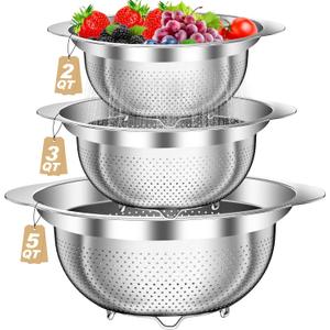 Colander, Stainless Steel Colander for Kitchen, 3Pcs Kitchen Gadget Food Strainer Basket with Handle, Kitchen Strainer Colanders Bowl for Pasta Noodles Spaghetti Vegetables Fruit (2QT, 3QT, 5QT)