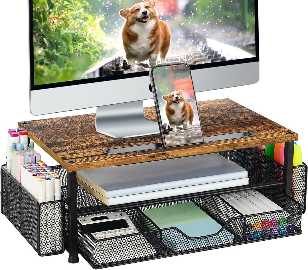 Wood Desk Organizers and Accessories, 2-Tier Computer Monitor Stand with Drawer, Pen Storage & Tablet Phone Holder, Office Desk Accessories, Workspace Desktop Organization for Office SuppliesBrown