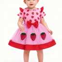 ODASDO Baby Girls Strawberry Bee Cow Birthday Cake Smash Outfit Short Sleeve Dress with Bowknot Headband Set