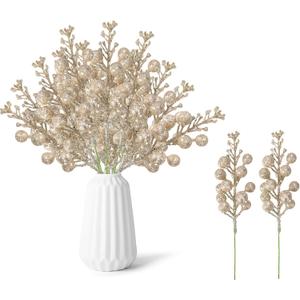 16 Pcs Christmas Berry Stems,7.8 Inch Artificial Champagne Christmas Ornaments Christmas Tree Decor,Xmas Tree Filler Decorations Glitter Berry Stems for DIY Xmas Wreath Wedding Party Decor