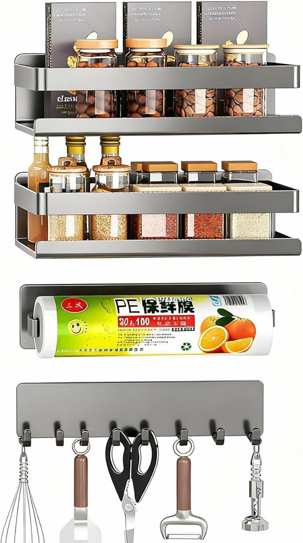 4 Pack Metal Magnetic Shelf Include Magnetic Spice Rack for Refrigerator,Magnetic Paper Towel Holder,Magnetic Hooks,refrigerator side rack Space-saving design,Small Space Organization