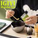Japanese Matcha Set 7pcs - Ceramic Bowl & Hyaku Hon Tachi Bamboo Whisk (Chasen), Chashaku Spoon, Strainer, Cloth - Traditional Tea Ceremony Kit