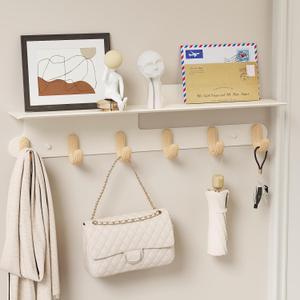 Wall Hooks with 22'' Shelf Coat Rack Wall Mount with 6 Hooks Entryway Hanging Shelf with Storage for Bathroom, Living Room, Bedroom, Modern Floating Wall Shelves with Hooks (Cream White)